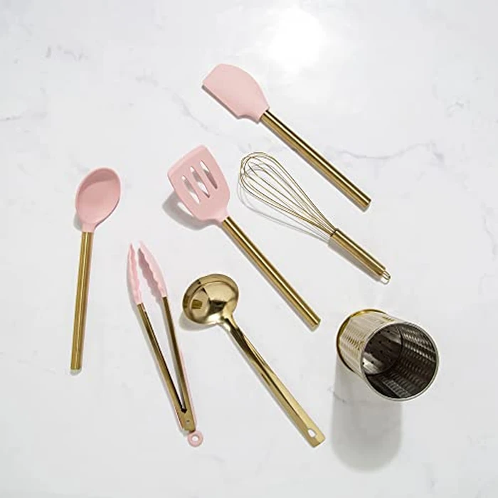 Paris Hilton Kitchen Set Tool Crock with Silicone Cooking Utensils, Stainless Steel Whisk and Ladle, 7-Piece, Pink and Gold by Paris Hilton - Image 9