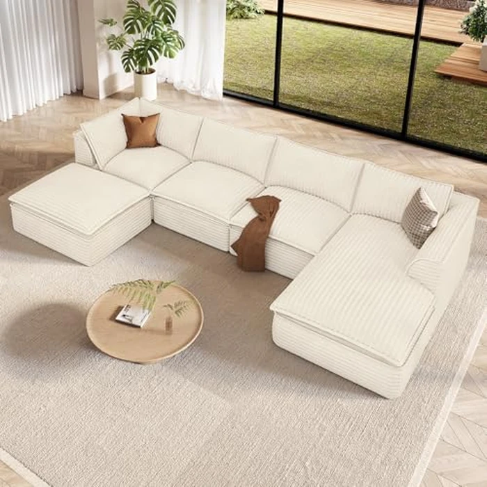 Vesgantti 141.7" U Shaped Sectional Boneless Couch, Modern 6 Seater Modular Sofa with Chaise & Ottoman, Deep Seat Plush Corduroy Cloud Couches for Living Room, No Assembly Required, Beige by Vesgantti - Image 1