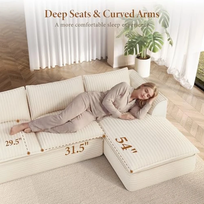 Vesgantti 141.7" U Shaped Sectional Boneless Couch, Modern 6 Seater Modular Sofa with Chaise & Ottoman, Deep Seat Plush Corduroy Cloud Couches for Living Room, No Assembly Required, Beige by Vesgantti - Image 2