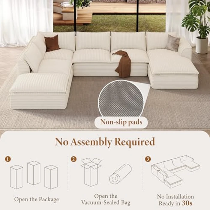 Vesgantti 141.7" U Shaped Sectional Boneless Couch, Modern 6 Seater Modular Sofa with Chaise & Ottoman, Deep Seat Plush Corduroy Cloud Couches for Living Room, No Assembly Required, Beige by Vesgantti - Image 4