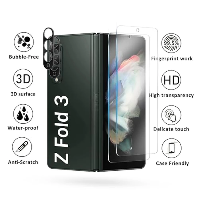 WILLONE 2+2+2 Pack for Samsung Galaxy Z Fold 3 Screen Protector (7.60 inches) with Camera Lens Protector, Case Friendly Tempered Glass Film, Fingerprint Unlock, HD Clear by WILLONE - Image 8