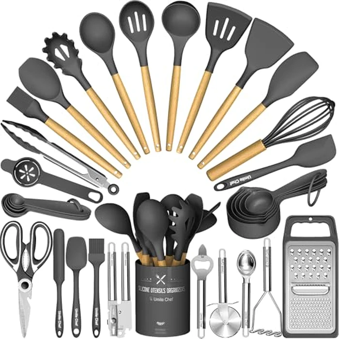 Umite Chef Silicone Kitchen Utensil Set, 34PCS Heat Resistant Kitchen Gadgets and Tools With Grater, Wood Handles for Nonstick Cookware (Dark Gray) by Umite Chef - Used - Very Good condition - US$31.22