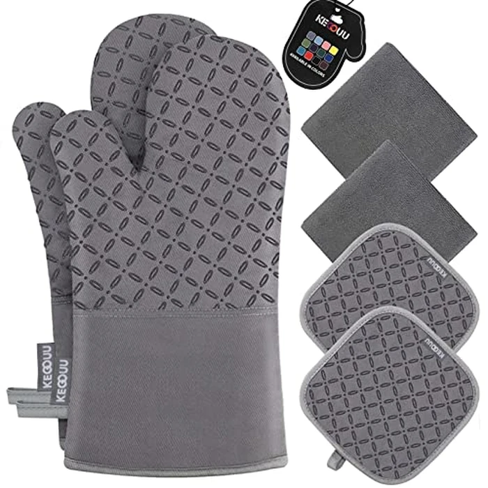 KEGOUU Oven Mitts and Pot Holders 6pcs Set, Kitchen Oven Glove High Heat Resistant 500 Degree Extra Long Oven Mitts and Potholder with Non-Slip Silicone Surface for Cooking (Grey) by KEGOUU - Image 1