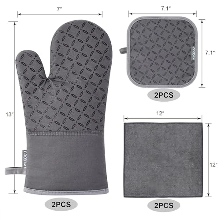 KEGOUU Oven Mitts and Pot Holders 6pcs Set, Kitchen Oven Glove High Heat Resistant 500 Degree Extra Long Oven Mitts and Potholder with Non-Slip Silicone Surface for Cooking (Grey) by KEGOUU - Image 2
