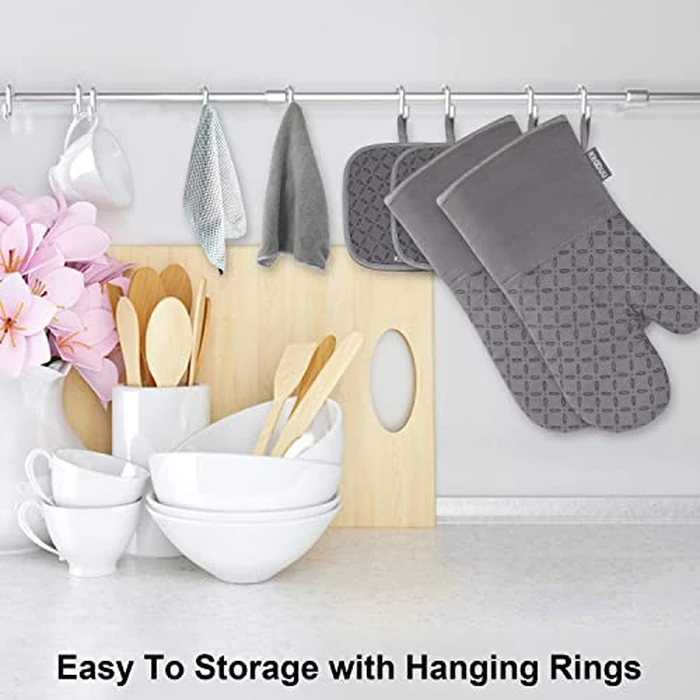 KEGOUU Oven Mitts and Pot Holders 6pcs Set, Kitchen Oven Glove High Heat Resistant 500 Degree Extra Long Oven Mitts and Potholder with Non-Slip Silicone Surface for Cooking (Grey) by KEGOUU - Image 7