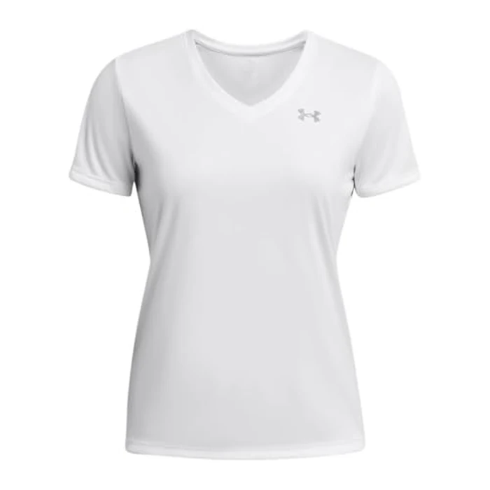 Under Armour Women's Velocity Solid Short Sleeve V Neck T Shirt, (100) White / / Metallic Silver, Medium by Under Armour - Image 3