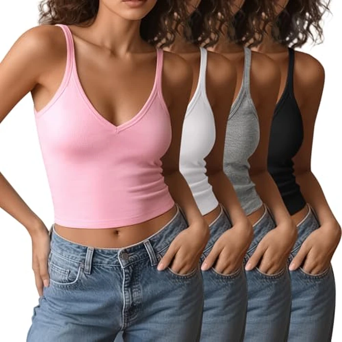 4 Pieces V Neck Tank Tops for Women Spaghetti Strap Crop Top Cotton Basic Fitted Summer Cami Shirts by eQFeast - Image 1