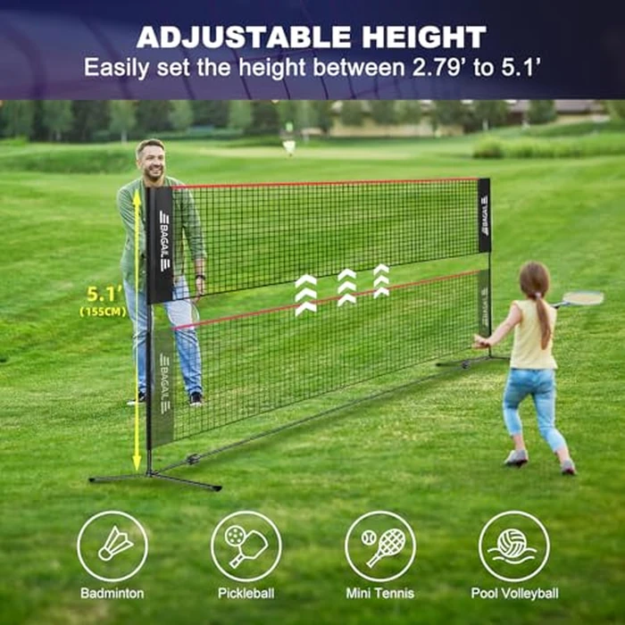 BAGAIL All-in-1 Badminton Net, Height Adjustable (Up to 5.1') Kids Volleyball Net, Quick Setup Sports Net with Portable Bag for Pickleball, Tennis, Pool, Backyard & Indoor Games - 10ft, Red by BAGAIL - Image 2