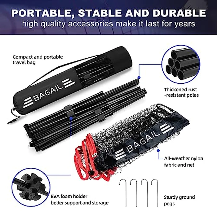 BAGAIL All-in-1 Badminton Net, Height Adjustable (Up to 5.1') Kids Volleyball Net, Quick Setup Sports Net with Portable Bag for Pickleball, Tennis, Pool, Backyard & Indoor Games - 10ft, Red by BAGAIL - Image 3