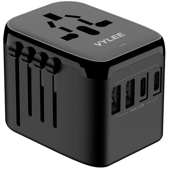 VYLEE Universal International Power Travel Plug Adapter, 5 in 1 European Travel Plug Adapter W/ 3.5A 2xUSB-A and 2xUSB C Wall Charger and Worldwide AC Outlet for Europe USA UK AUS Asia (Black) by VYLEE - Used - Like New condition - CA$22.79