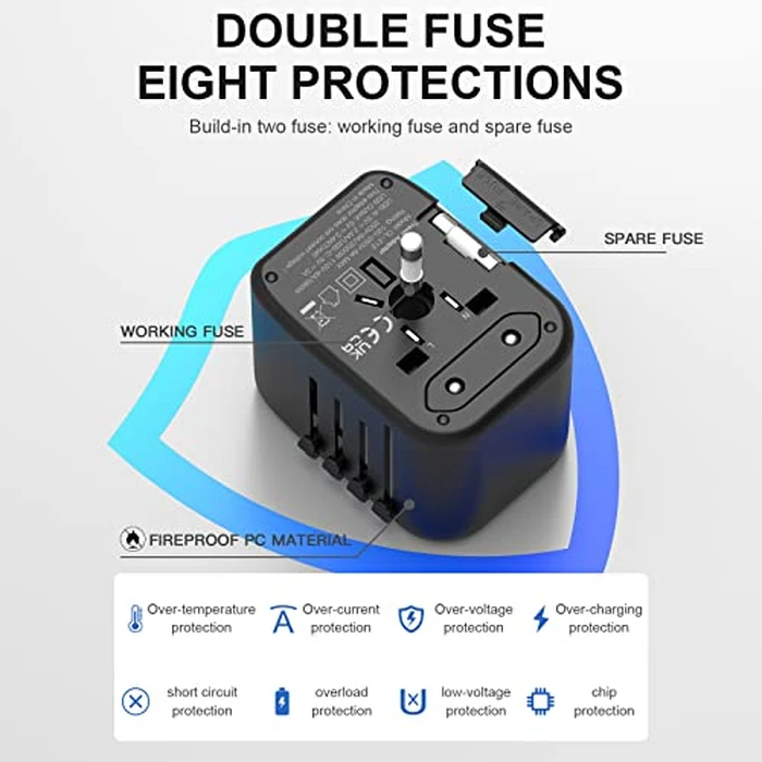 VYLEE Universal International Power Travel Plug Adapter, 5 in 1 European Travel Plug Adapter W/ 3.5A 2xUSB-A and 2xUSB C Wall Charger and Worldwide AC Outlet for Europe USA UK AUS Asia (Black) by VYLEE - Image 3