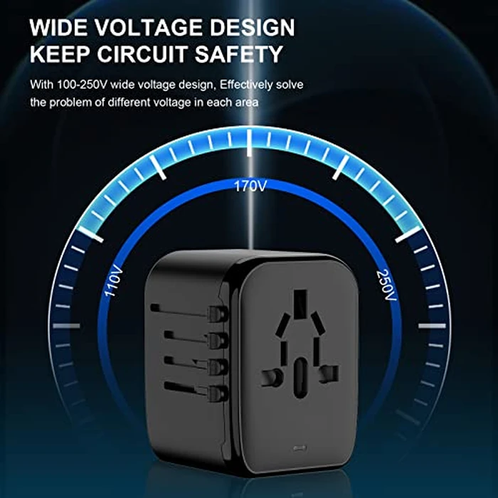 VYLEE Universal International Power Travel Plug Adapter, 5 in 1 European Travel Plug Adapter W/ 3.5A 2xUSB-A and 2xUSB C Wall Charger and Worldwide AC Outlet for Europe USA UK AUS Asia (Black) by VYLEE - Image 8