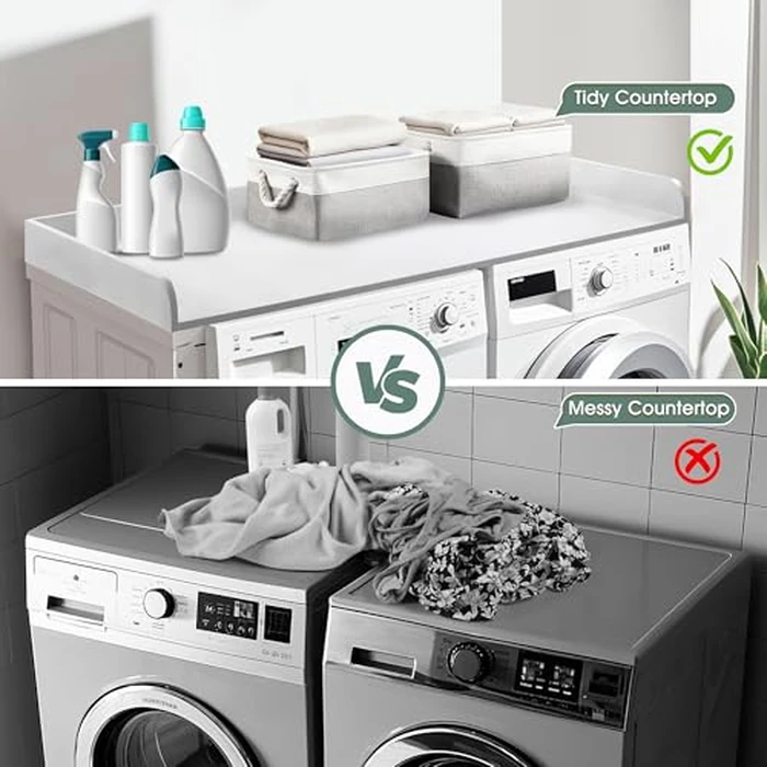 GLDZI Washer Dryer Countertop with 2 Pack Storage Baskets, Wood Washer and Dryer Countertop with Non-Slip Pads/Edge Rails for Laundry Room Storage and Organization, 27.5" W x 54" L(White) by GLDZI - Image 5