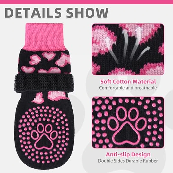 KOOLTAIL Valentines Dog Socks Shoes Costume to Prevent Licking Paws, Winter Dog Boots & Paw Protector for Hardwood Floors Anti Slip,Traction Control Grip Booties for Small Medium Large Senior Dogs, M by KOOLTAIL - Image 3