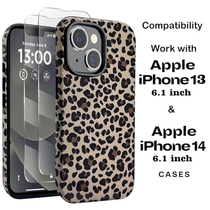 J.west Compatible with iPhone 13 Case/iPhone 14 Case 6.1 inch with 2 Pack Tempered Glass Screen Protectors Cute Animal Leopard Hybrid Cover for Girls Women Aesthetic Protective Phone Cases Cheetah by J.west - Image 4