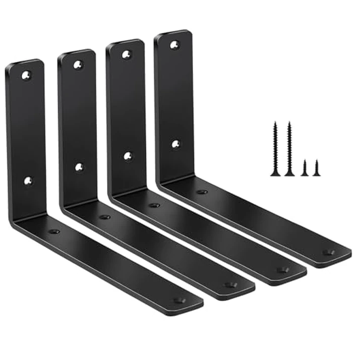 4 Pack - L 8" x H 6" x W1.5, 5mm Thick Black L Shelf Bracket, Iron Shelf Brackets, Metal Shelf Brackets, Floating Shelf, Shelf Supports with Screws by MHMYDZ - Used - Very Good condition