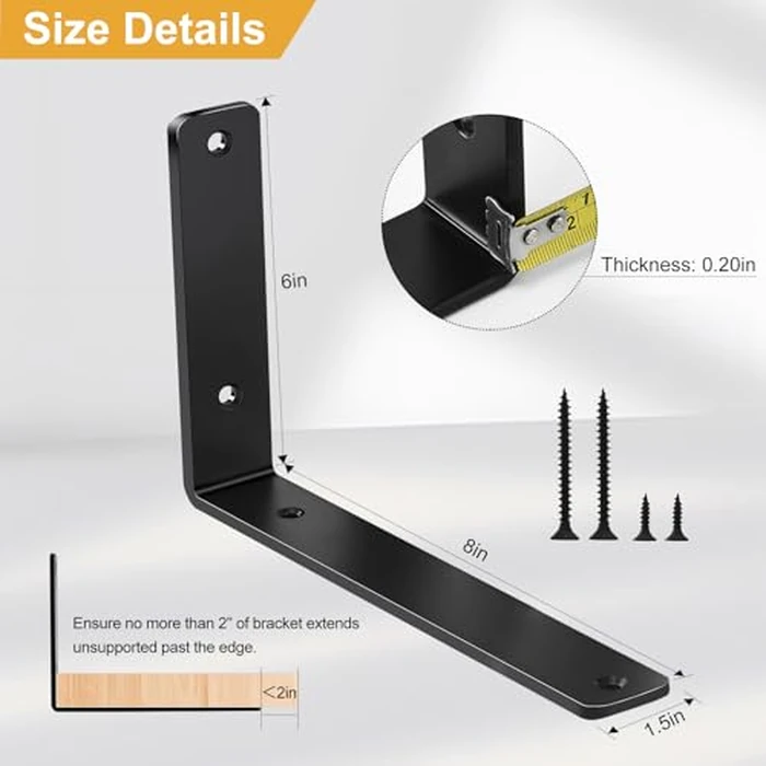 4 Pack - L 8" x H 6" x W1.5, 5mm Thick Black L Shelf Bracket, Iron Shelf Brackets, Metal Shelf Brackets, Floating Shelf, Shelf Supports with Screws by MHMYDZ - Image 2