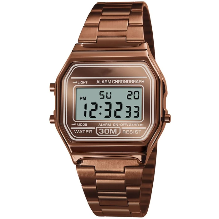 PASOY Unisex Men's Digital Watch Brown Gold Stainless Steel LED Backlit Electronic Multifunction Date Alarm Stopwatch Square Woman Waterproof Sport Watches (Brown) by PASOY - Image 1