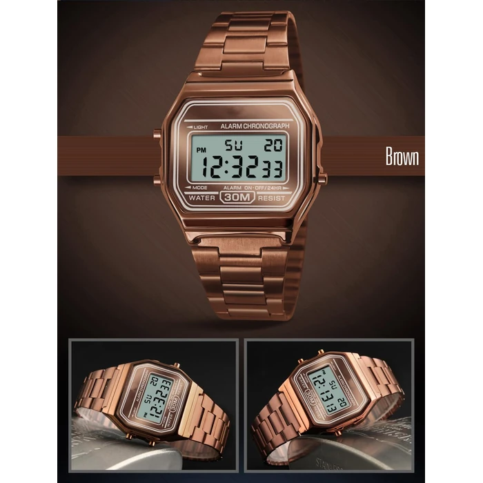 PASOY Unisex Men's Digital Watch Brown Gold Stainless Steel LED Backlit Electronic Multifunction Date Alarm Stopwatch Square Woman Waterproof Sport Watches (Brown) by PASOY - Image 3