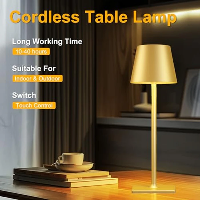 Yogaret 2 Pack Gold Rechargeable Table Lamps,Cordless Lamp with 6000mAh Battery Operated,Wireless Lamp for Restaurant Home Dinner Dining Kitchen Outdoor Patio,Waterproof & Portable by Yogaret - Image 5