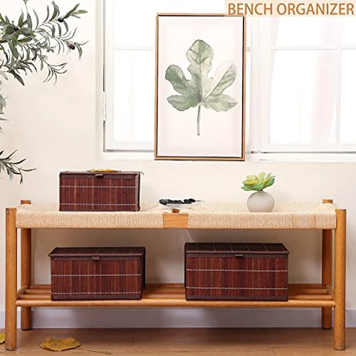 Honygebia Bamboo Decorative Storage Boxes - Set of 3 Woven Lined Storage Basket with Lids, Retro Brown Wicker Lidded Baskets for Home Kitchen Shelf Organizer Decor by Honygebia - Image 3
