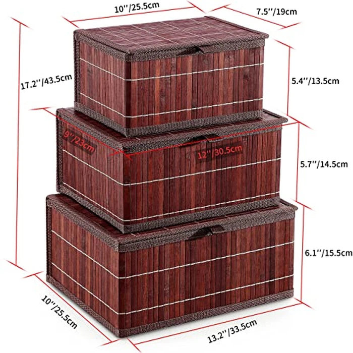 Honygebia Bamboo Decorative Storage Boxes - Set of 3 Woven Lined Storage Basket with Lids, Retro Brown Wicker Lidded Baskets for Home Kitchen Shelf Organizer Decor by Honygebia - Image 4