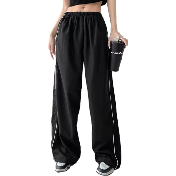 Shebote Womens Parachute Pants Wide Leg Baggy Y2K Elastic Waist Jogger Sweatpants Track Pants Streetwear(0046-Black-S) by Shebote - Used - Like New condition - US$18.90