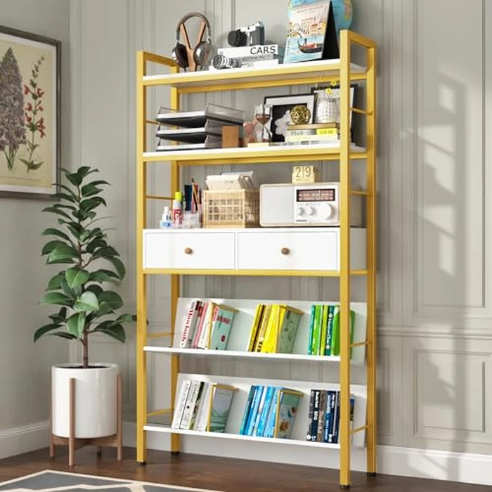 YAOHUOO Bookshelf with Drawers-31.5 Inches Widen Industrial Book Shelf with Bookend,5 Tiers Tall Storage Shelves, Steel Frame Display Rack, Suitable for Bedroom, Office, Living Room, White by YAOHUOO - Used - Very Good condition