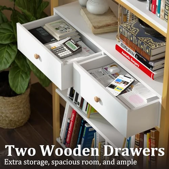 YAOHUOO Bookshelf with Drawers-31.5 Inches Widen Industrial Book Shelf with Bookend,5 Tiers Tall Storage Shelves, Steel Frame Display Rack, Suitable for Bedroom, Office, Living Room, White by YAOHUOO - Image 2