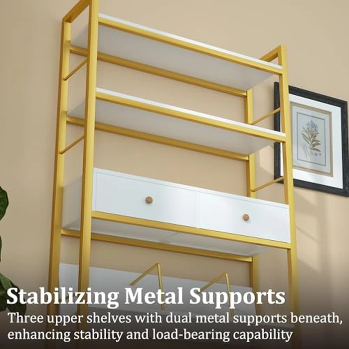 YAOHUOO Bookshelf with Drawers-31.5 Inches Widen Industrial Book Shelf with Bookend,5 Tiers Tall Storage Shelves, Steel Frame Display Rack, Suitable for Bedroom, Office, Living Room, White by YAOHUOO - Image 7