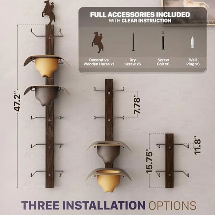 P-ALADIN Cowboy Hat Holder with Horse Decor, Cowboy Hat Rack for Wall, 6-Piece Wall-Mount Western Hat Organizer with Wooden Board - Storage Hat Holder Organizer by P-ALADIN - Image 3
