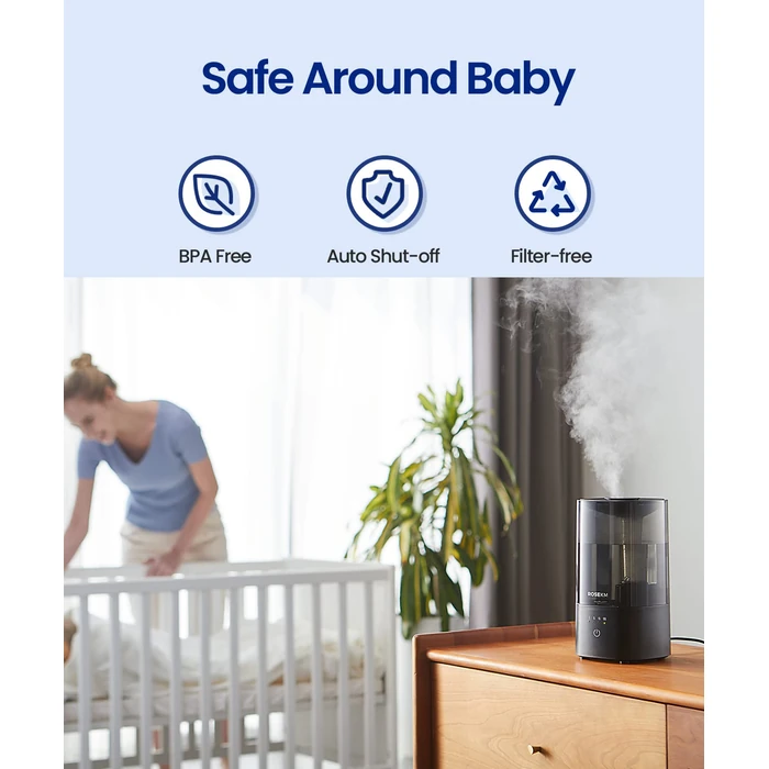ROSEKM Humidifiers for Bedroom, 2.0L Cool Mist Humidifier for Home Plant and Baby Nursery, Quiet Ultrasonic Humidifier with 360 degrees Nozzle, Auto Shut-Off, Filterless, Black by Rosekm - Image 6