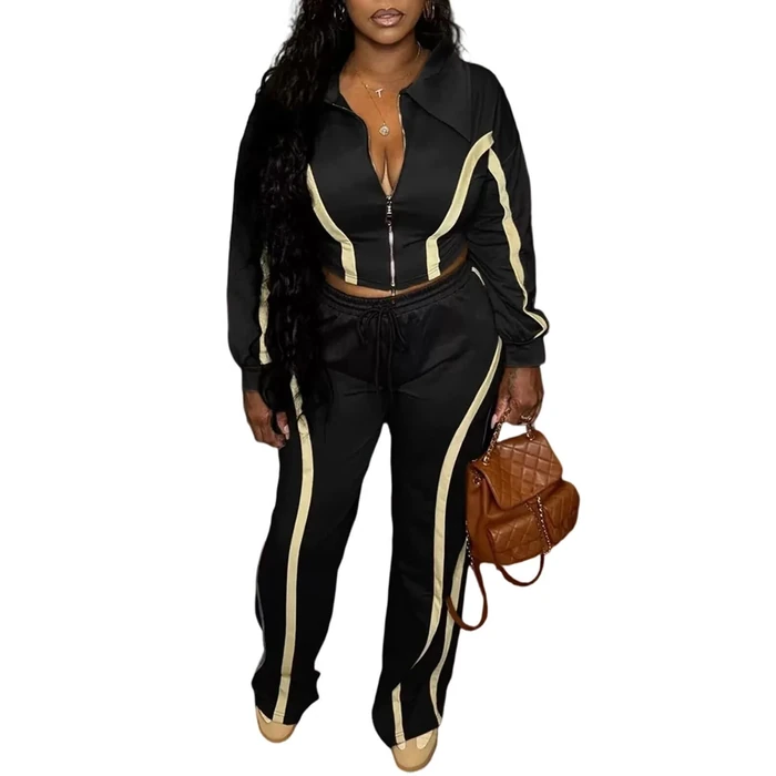 AWASIR Track Suits for Women Set Color Block Two Piece Long Sleeve Cropped Jacket and Wide Leg Pants Set Fall Sweatsuits Black S by AWASIR - Used - Like New condition - US$43.68
