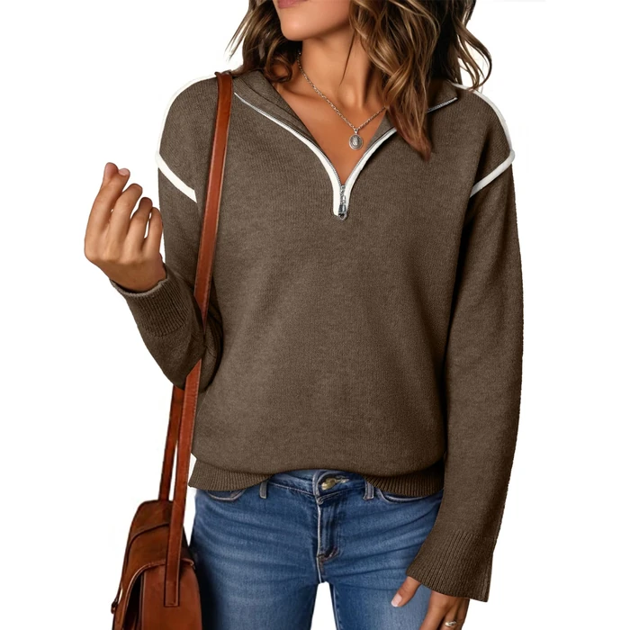 EVALESS Womens Sweaters V Neck Long Sleeve Quarter Zip Collared Ribbed Knit Dressy Casual Pullover Sweaters Outfits,Dark Brown Small by EVALESS - Used - Like New condition - US$25.19