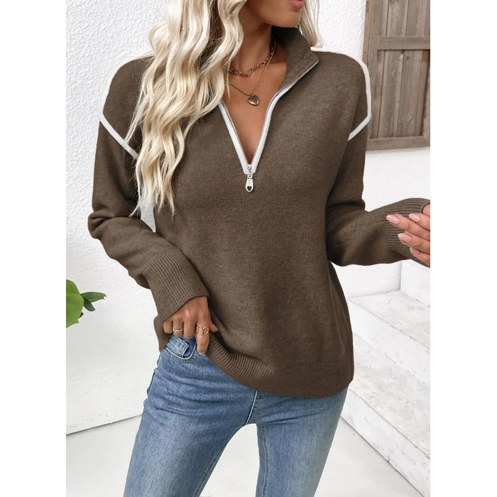 EVALESS Womens Sweaters V Neck Long Sleeve Quarter Zip Collared Ribbed Knit Dressy Casual Pullover Sweaters Outfits,Dark Brown Small by EVALESS - Image 4