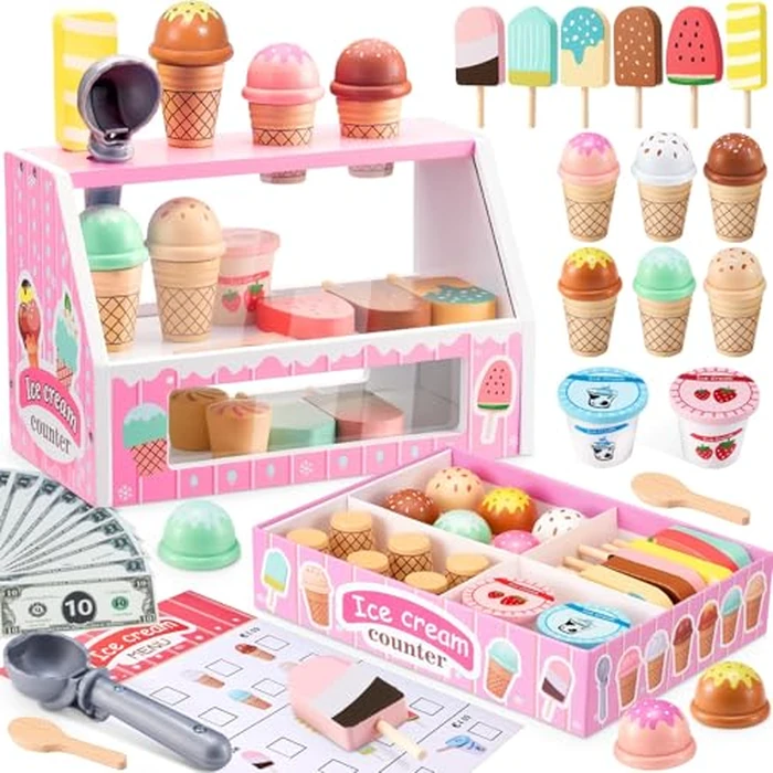 WHOHOLL Wooden Ice Cream Counter Playset for Toddler Girl Toys, Play Store Pretend Toy Food Play Kitchen Accessories with Fake Money & Coin, Christmas Birthday Gifts for 3+ Year Old Kids (Pink) by WHOHOLL - Used - Very Good condition - US$34.79