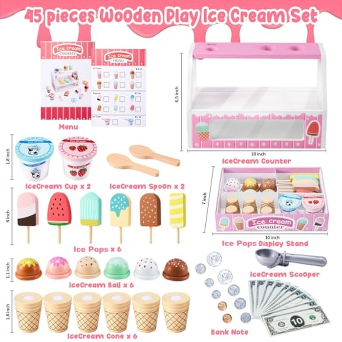 WHOHOLL Wooden Ice Cream Counter Playset for Toddler Girl Toys, Play Store Pretend Toy Food Play Kitchen Accessories with Fake Money & Coin, Christmas Birthday Gifts for 3+ Year Old Kids (Pink) by WHOHOLL - Image 2