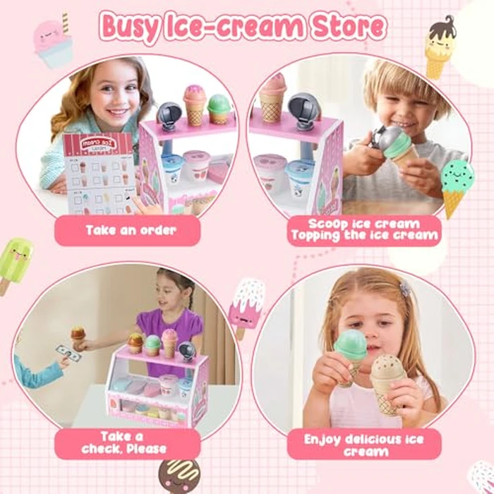 WHOHOLL Wooden Ice Cream Counter Playset for Toddler Girl Toys, Play Store Pretend Toy Food Play Kitchen Accessories with Fake Money & Coin, Christmas Birthday Gifts for 3+ Year Old Kids (Pink) by WHOHOLL - Image 5