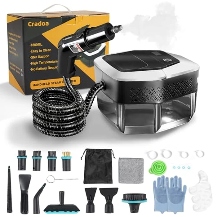Steam Cleaner Handheld for Home - 1800ML Water Tank Portable Steamer for Cleaning, 19.6 FT Cleaning Radius, 15s Heat-Up, 3 Level Adjustable Steam Cleaner for Car Detailing, Grease, Tile, Floor, White by Cradoa - Used - Acceptable condition