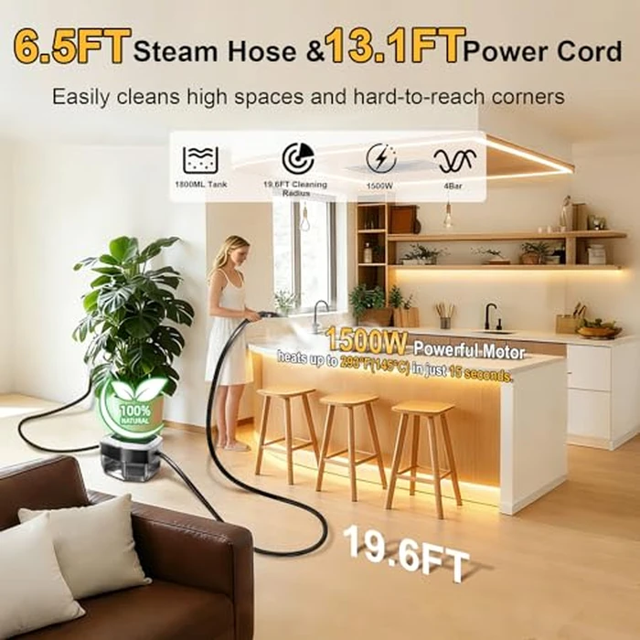 Steam Cleaner Handheld for Home - 1800ML Water Tank Portable Steamer for Cleaning, 19.6 FT Cleaning Radius, 15s Heat-Up, 3 Level Adjustable Steam Cleaner for Car Detailing, Grease, Tile, Floor, White by Cradoa - Image 3