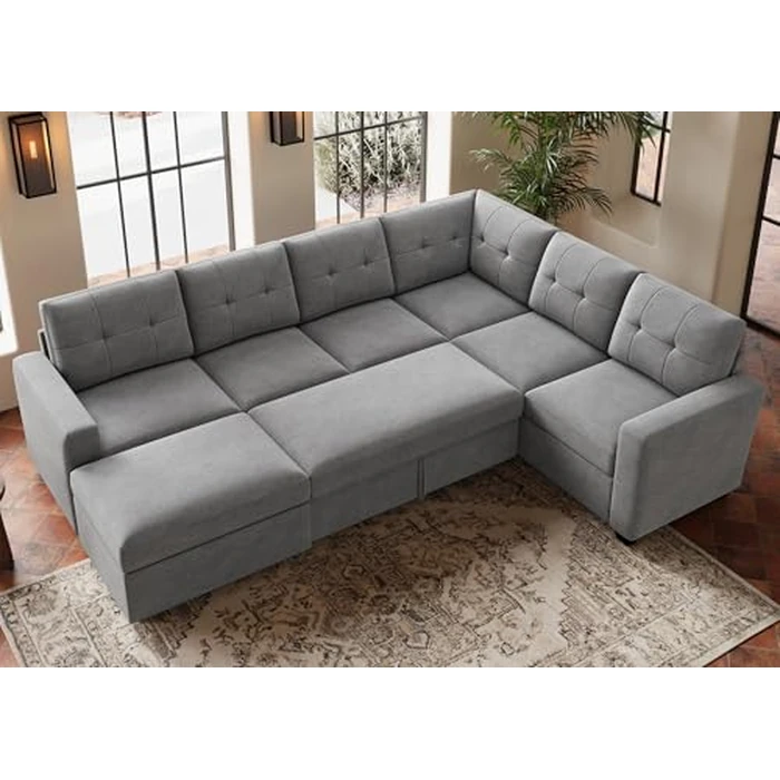 HONBAY 106.2 Inch U-Shaped Sectional Sleeper Sofa with Pull-Out Bed & Storage Ottoman, 7-Seater Sectional Sofa for Living Room, Pet-Resistant Fabric Couch, Grey by HONBAY - Image 1