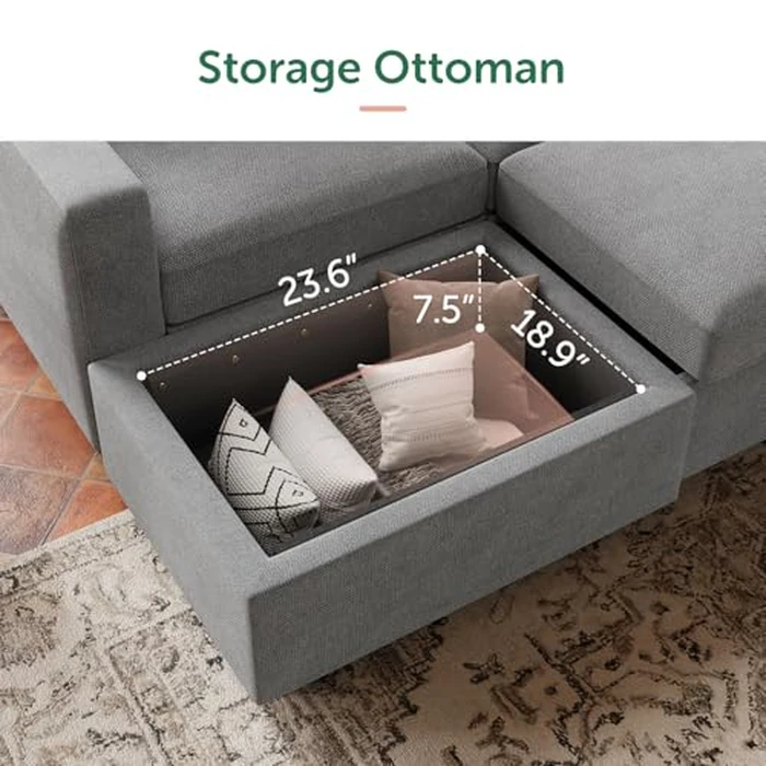 HONBAY 106.2 Inch U-Shaped Sectional Sleeper Sofa with Pull-Out Bed & Storage Ottoman, 7-Seater Sectional Sofa for Living Room, Pet-Resistant Fabric Couch, Grey by HONBAY - Image 5