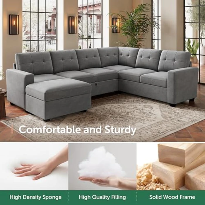 HONBAY 106.2 Inch U-Shaped Sectional Sleeper Sofa with Pull-Out Bed & Storage Ottoman, 7-Seater Sectional Sofa for Living Room, Pet-Resistant Fabric Couch, Grey by HONBAY - Image 6