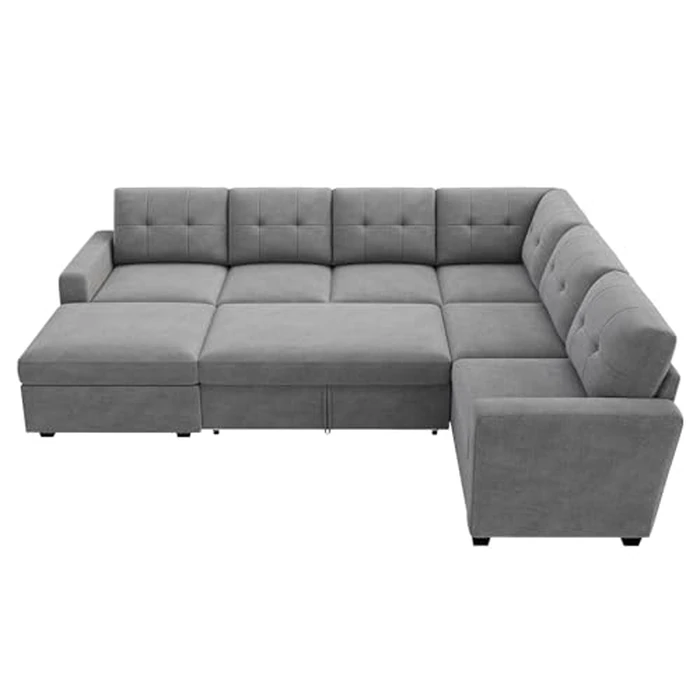 HONBAY 106.2 Inch U-Shaped Sectional Sleeper Sofa with Pull-Out Bed & Storage Ottoman, 7-Seater Sectional Sofa for Living Room, Pet-Resistant Fabric Couch, Grey by HONBAY - Image 9