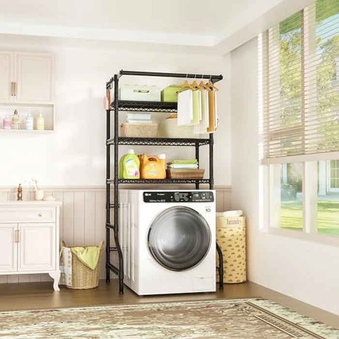 Ulif U11 Over Washer and Dryer Shelves, 3 Tiers Laundry Room Storage and Organizer Standing Shelf, Metal Freestanding Clothes Drying Rack, 33.9" W x 19.7" D x 77.6" H, Black by Ulif - Image 2