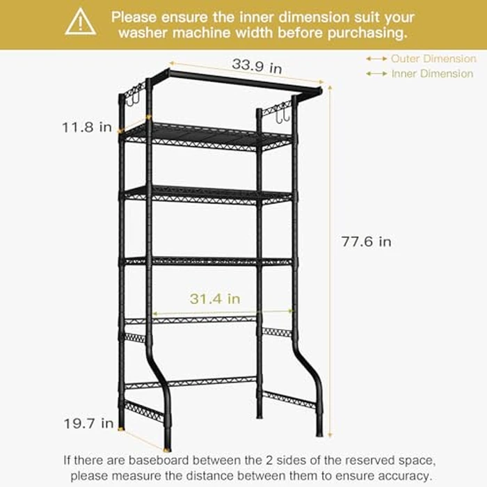 Ulif U11 Over Washer and Dryer Shelves, 3 Tiers Laundry Room Storage and Organizer Standing Shelf, Metal Freestanding Clothes Drying Rack, 33.9" W x 19.7" D x 77.6" H, Black by Ulif - Image 3