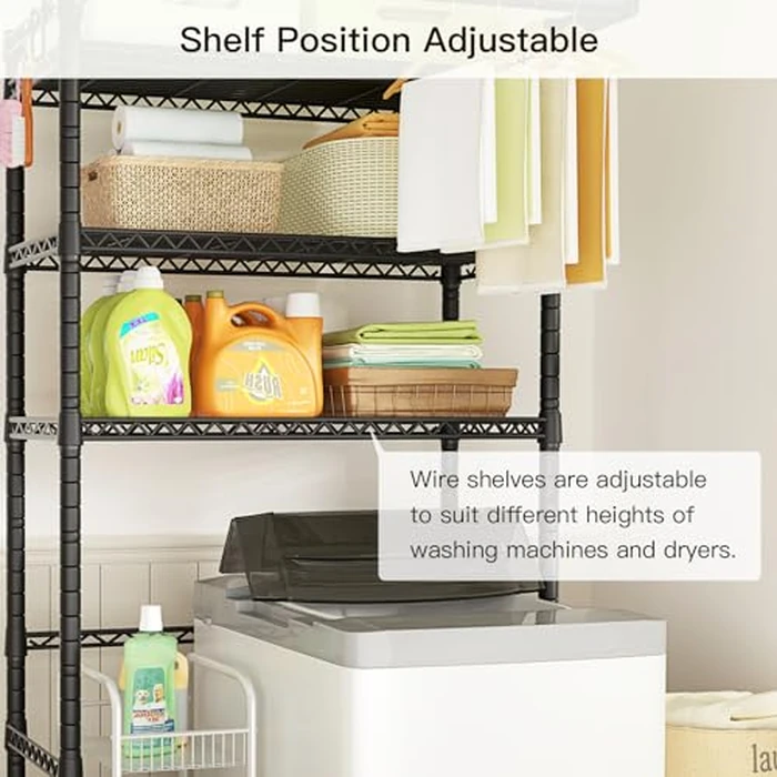 Ulif U11 Over Washer and Dryer Shelves, 3 Tiers Laundry Room Storage and Organizer Standing Shelf, Metal Freestanding Clothes Drying Rack, 33.9" W x 19.7" D x 77.6" H, Black by Ulif - Image 4