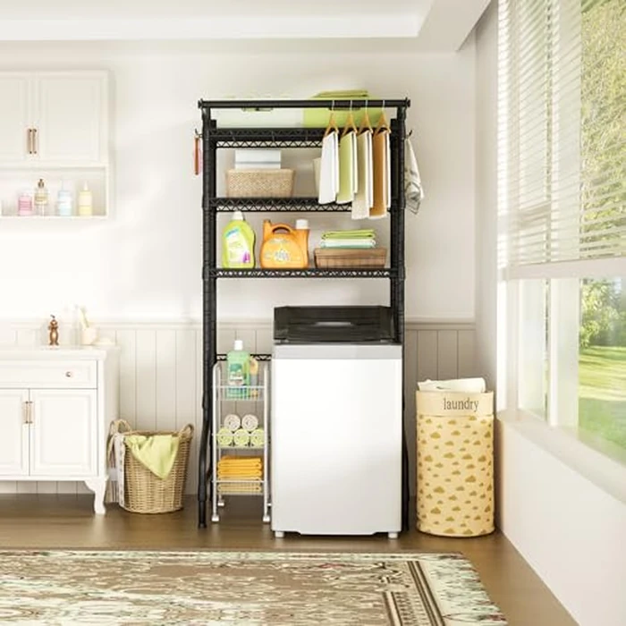 Ulif U11 Over Washer and Dryer Shelves, 3 Tiers Laundry Room Storage and Organizer Standing Shelf, Metal Freestanding Clothes Drying Rack, 33.9" W x 19.7" D x 77.6" H, Black by Ulif - Image 5