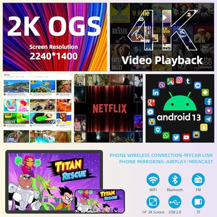 Kaskawise 14" 4K Android 13 Portable Car TV Headrest Monitor Tablet for Back Seat with 5G WiFi and Bluetooth, IPS Touch Screen Video Player,Support Phone Control,Airplay,HDMI,SD,USB,4G+64GB by Kaskawise - Image 3