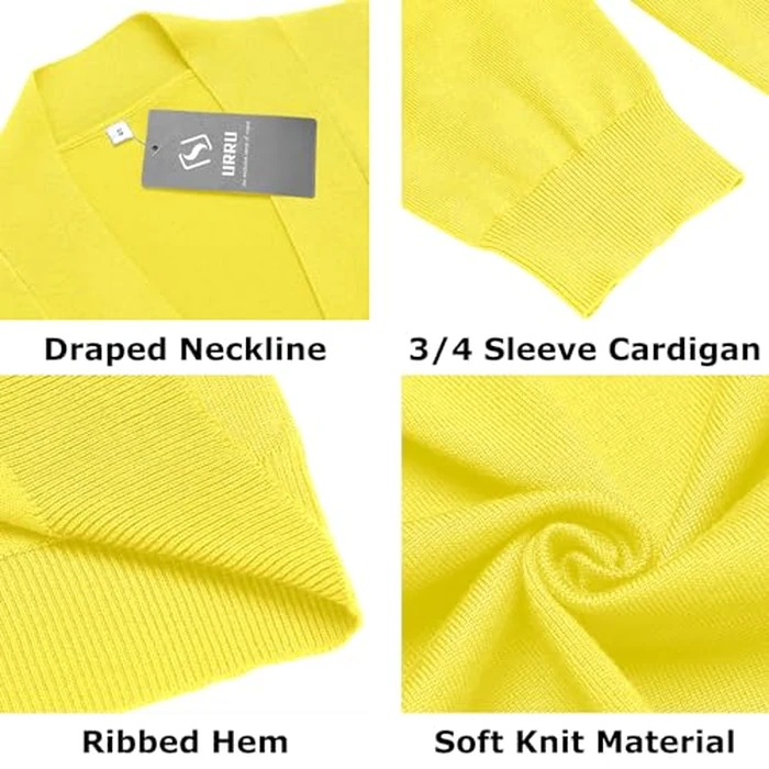 URRU Women's Classic 3/4 Sleeve Open Front Cropped Cardigan Sweater Lightweight Knit Short Shrugs Lemon Yellow S by URRU - Used - Like New condition - US$13.91